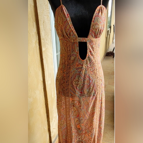 Victoria's Secret Vintage Rust Paisley Strapless Slip Dress Cutout Maxi Dress XS - Picture 12 of 15